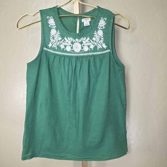 J. Crew Tops - J. Crew Emerald Green Sleeveless Blouse with Ivory Embroidery Cotton Linen Top